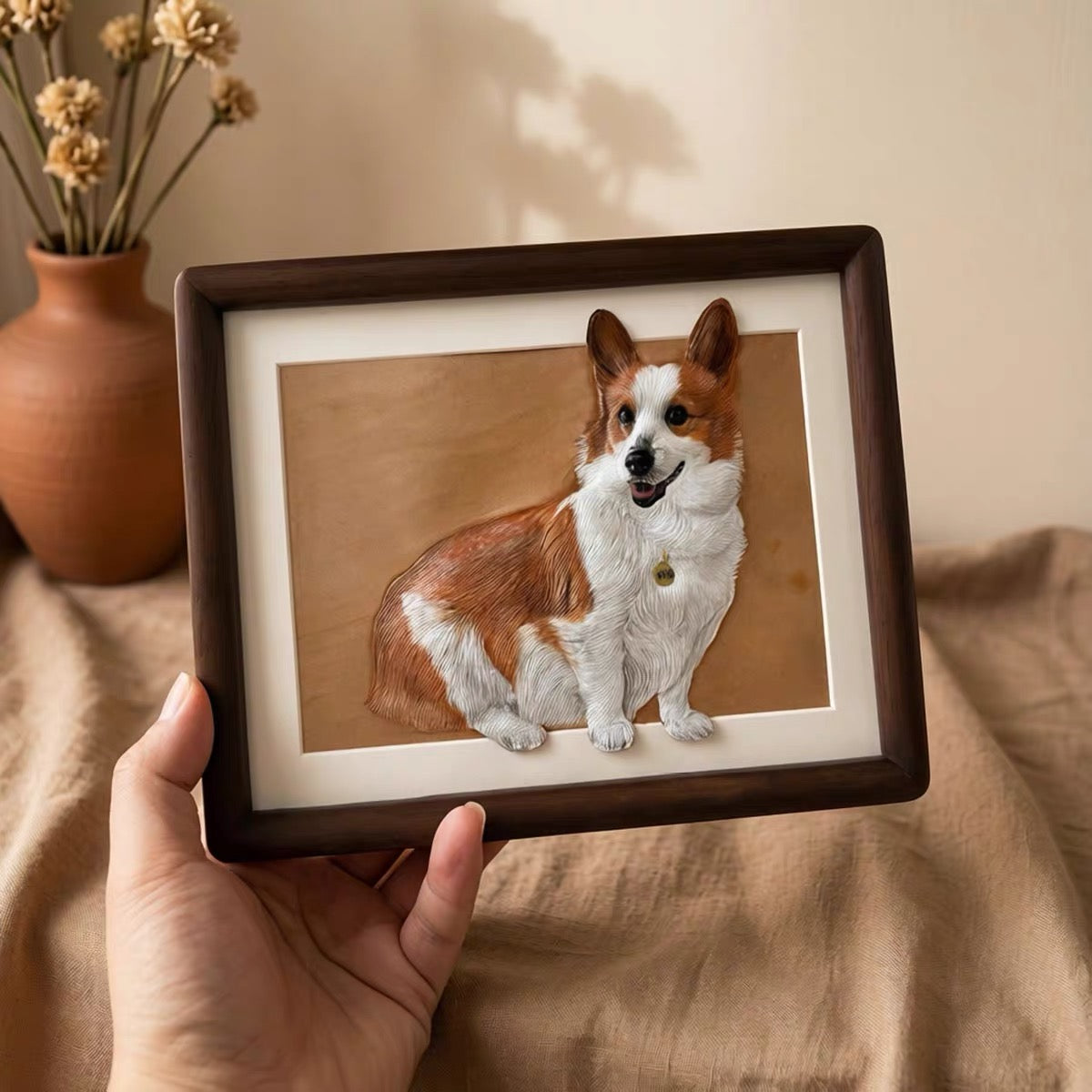 Framed Custom Leather‑Tooled Pet Portrait