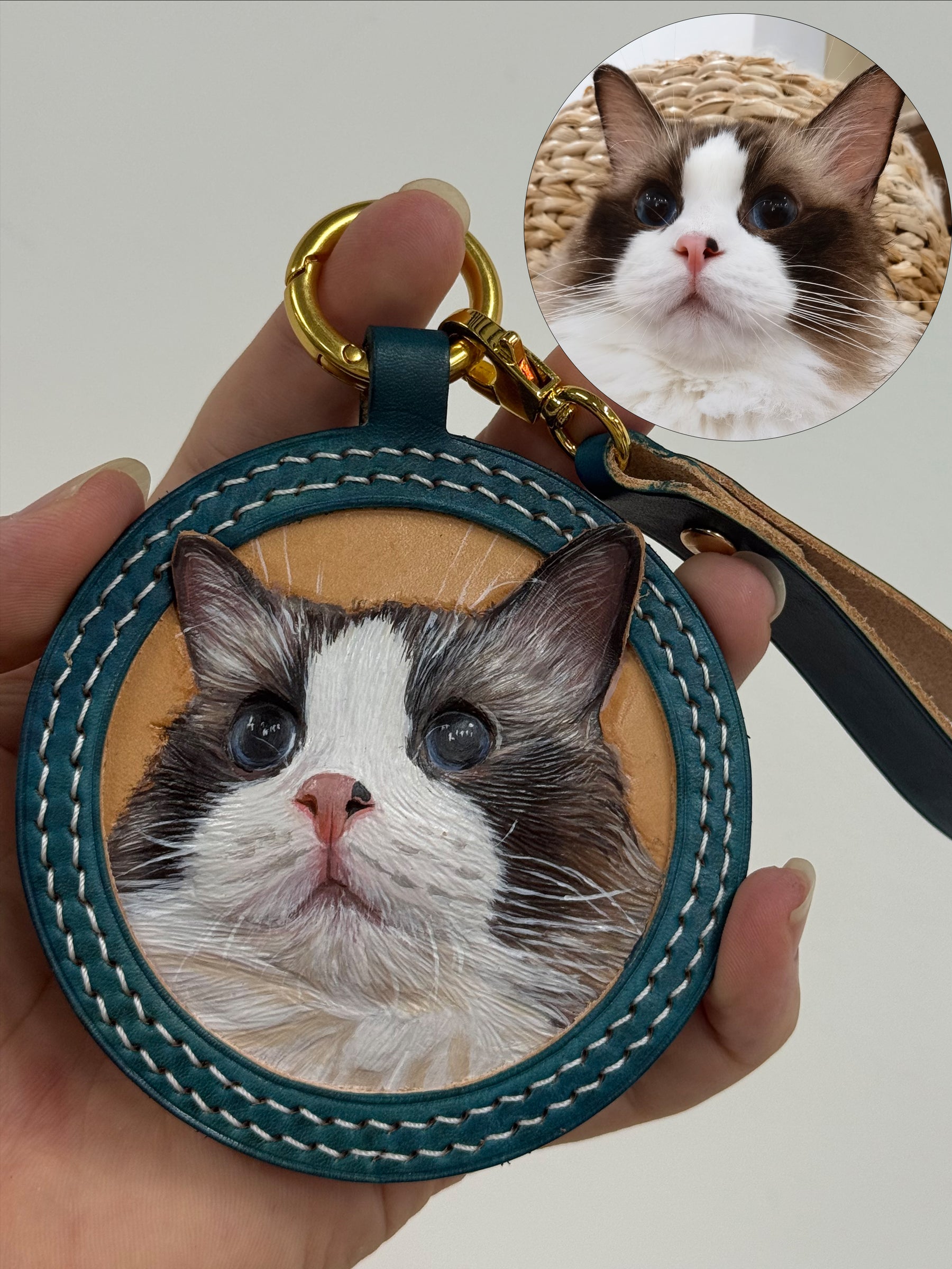 Custom Leather Pet Portrait Keychain-cat